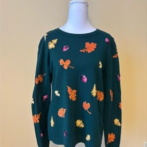 Talbots Leaf Acorn Embroidered Sweater Green Fall Autumn Pullover Women’s Medium